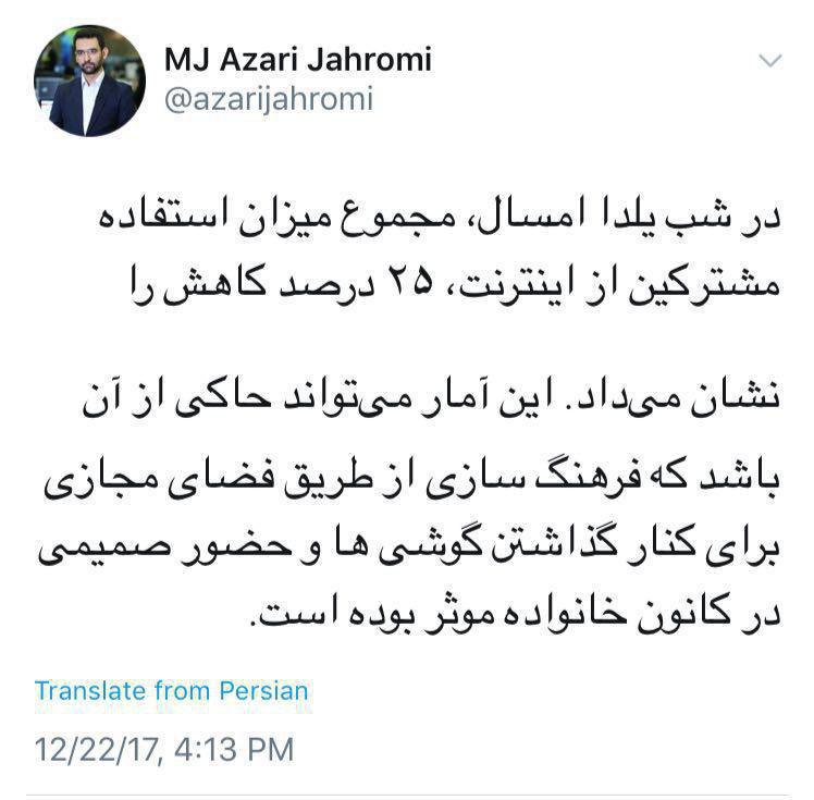 کاهش ۲۵درصدی مصرف اینترنت در شب یلدا