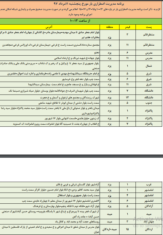زمانبندی قطع برق امروز پنجشنبه 11 مردادماه در استان یزد+جدول