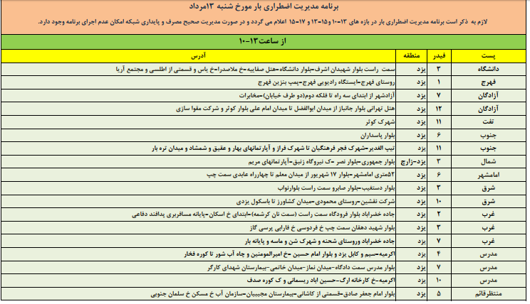 زمانبندی قطع برق امروز شنبه 13 مردادماه در استان یزد+جدول