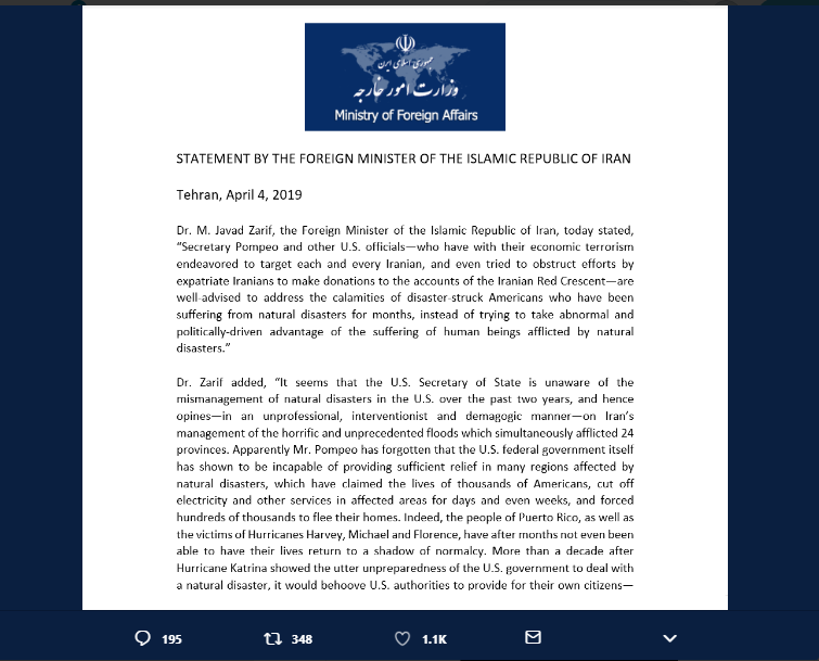 پاسخ دوباره ظریف به اظهارات وزیرخارجه آمریکا درباره سیل