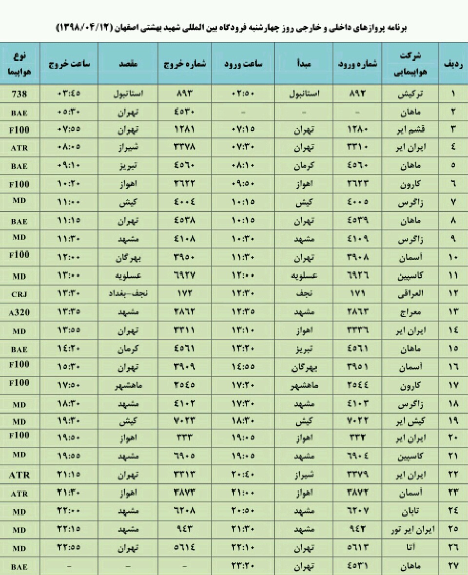 فهرست پروازهای فرودگاه شهید بهشتی اصفهان فهرست پروازهای فرودگاه شهید بهشتی اصفهان