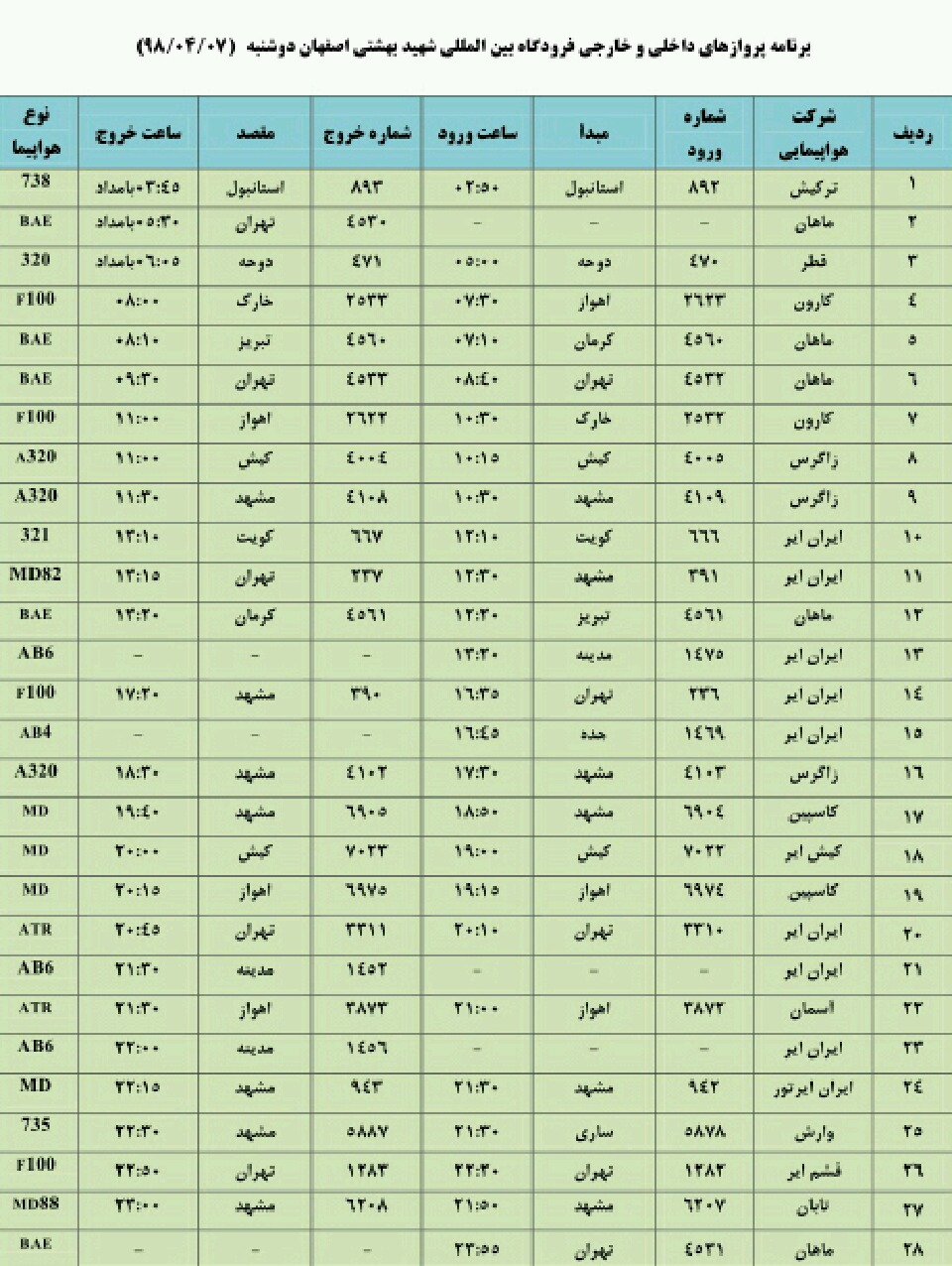 فهرست پروازهای هفتم مرداد فرودگاه شهید بهشتی اصفهان