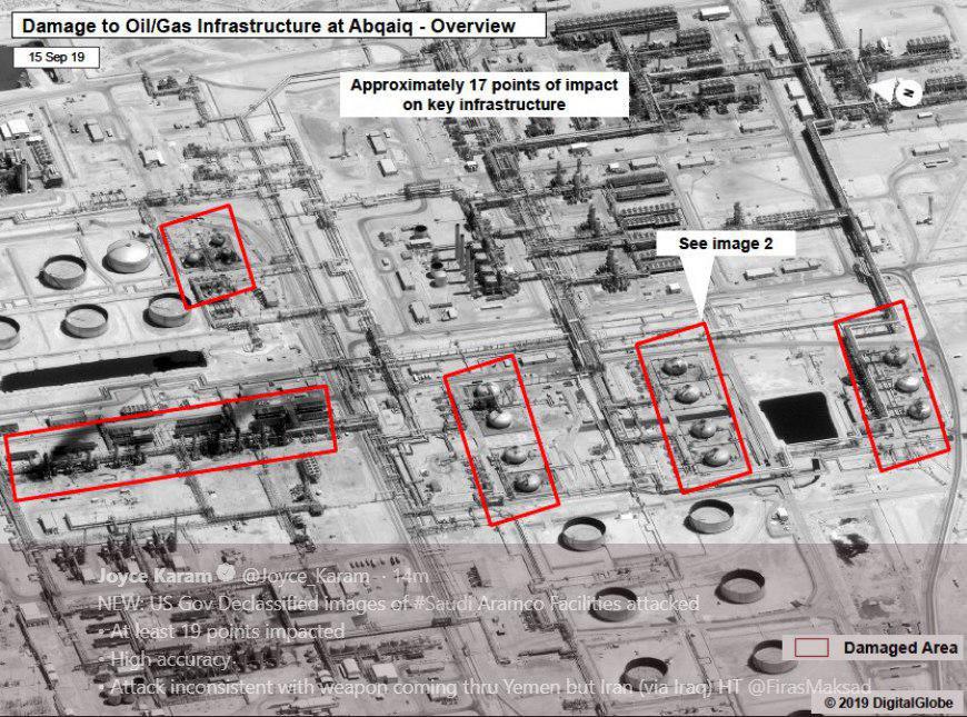 عکس ماهواره‌ای آمریکا از حملات پهپادی یمنی ها به آرامکو
