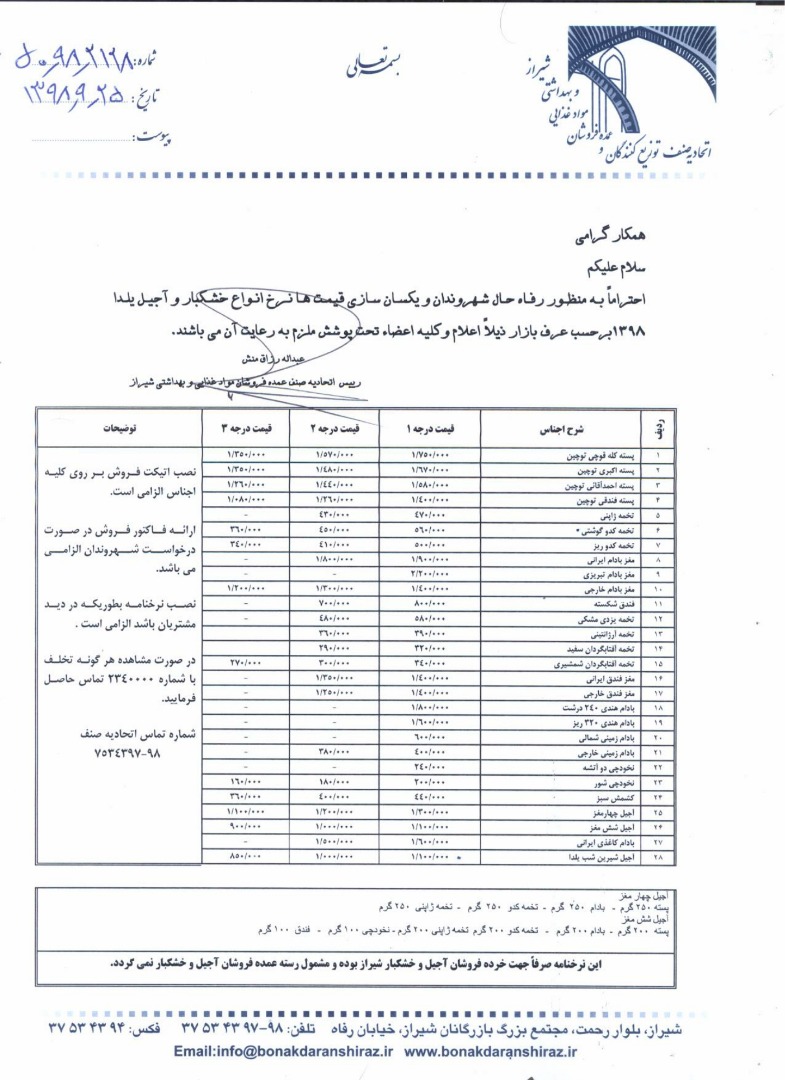 نرخ آجیل و خشکبار شب یلدا