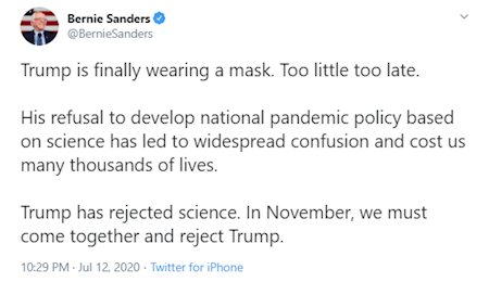 برنی سندرز ماسک زدن ترامپ را اقدامی دیرهنگام توصیف کرد