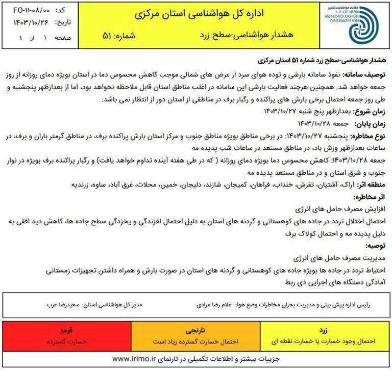 صدور هشدار سطح زرد شماره ۵۱ هواشناسی