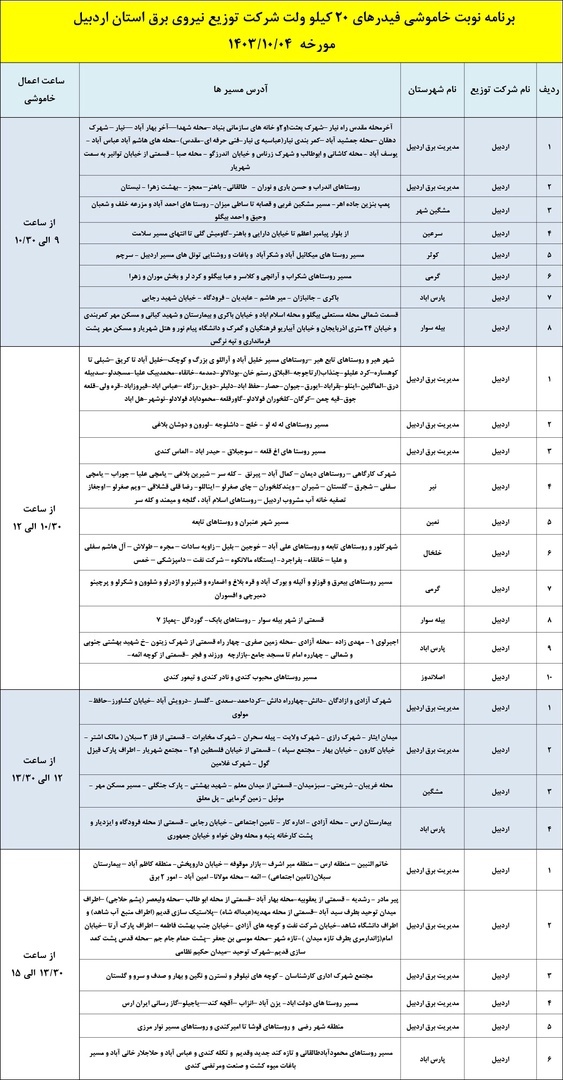 برنامه خاموشی‌های برق ۴ دی‌ماه در استان اردبیل