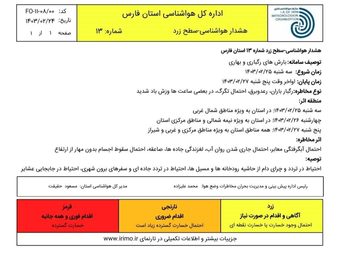 ورود سامانه بارشی به فارس از اواخر فردا