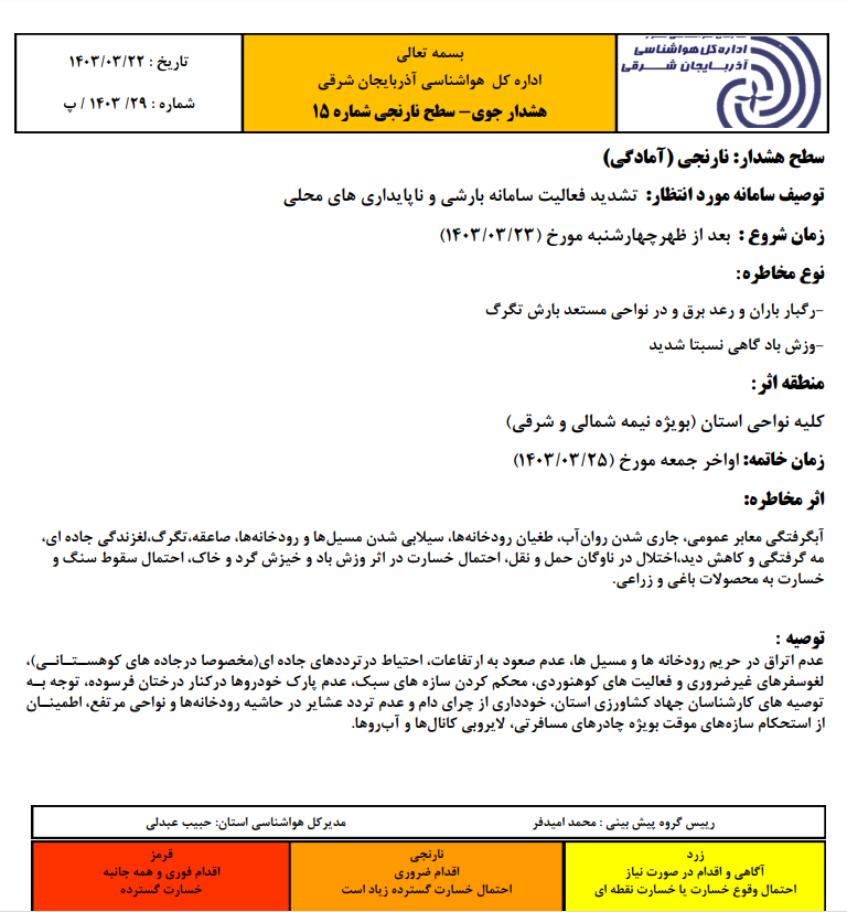 تشدید فعالیت سامانه بارشی از فردا در آذربایجان شرقی