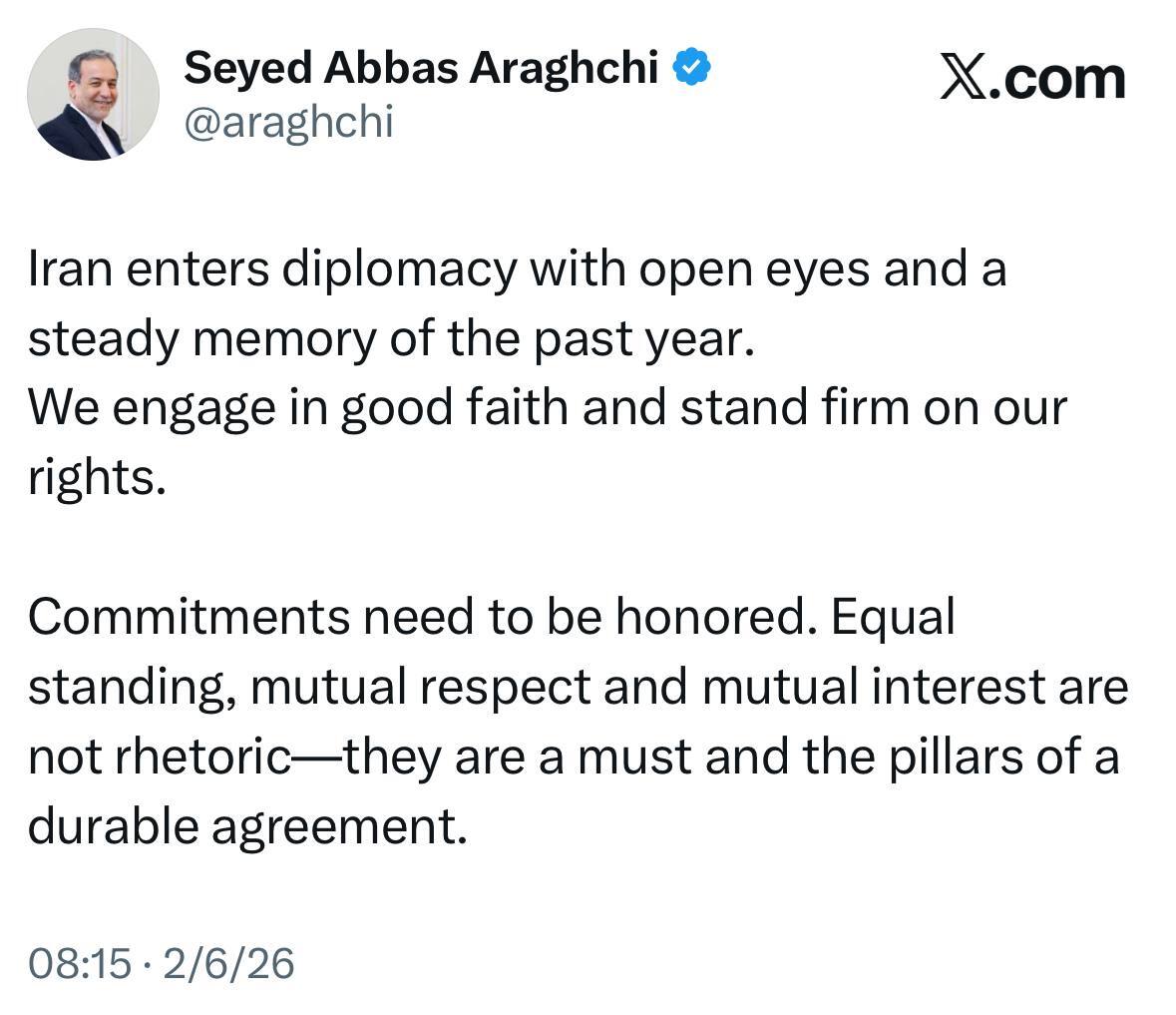 عراقچی: ایران با چشمانی باز وارد مسیر دیپلماسی می‌شود