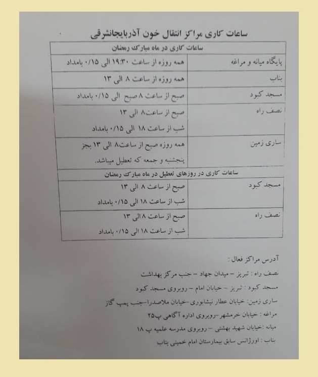 نیاز به گروههای مختلف خونی در آذربایجان شرقی