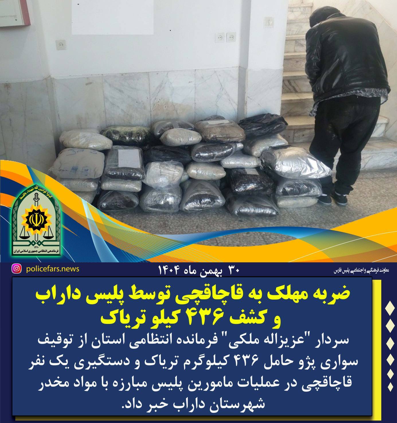 ضربه مهلک به قاچاقچی توسط پلیس داراب و کشف ۴۳۶ کیلو تریاک ضربه مهلک به قاچاقچی توسط پلیس داراب و کشف ۴۳۶ کیلو تریاک