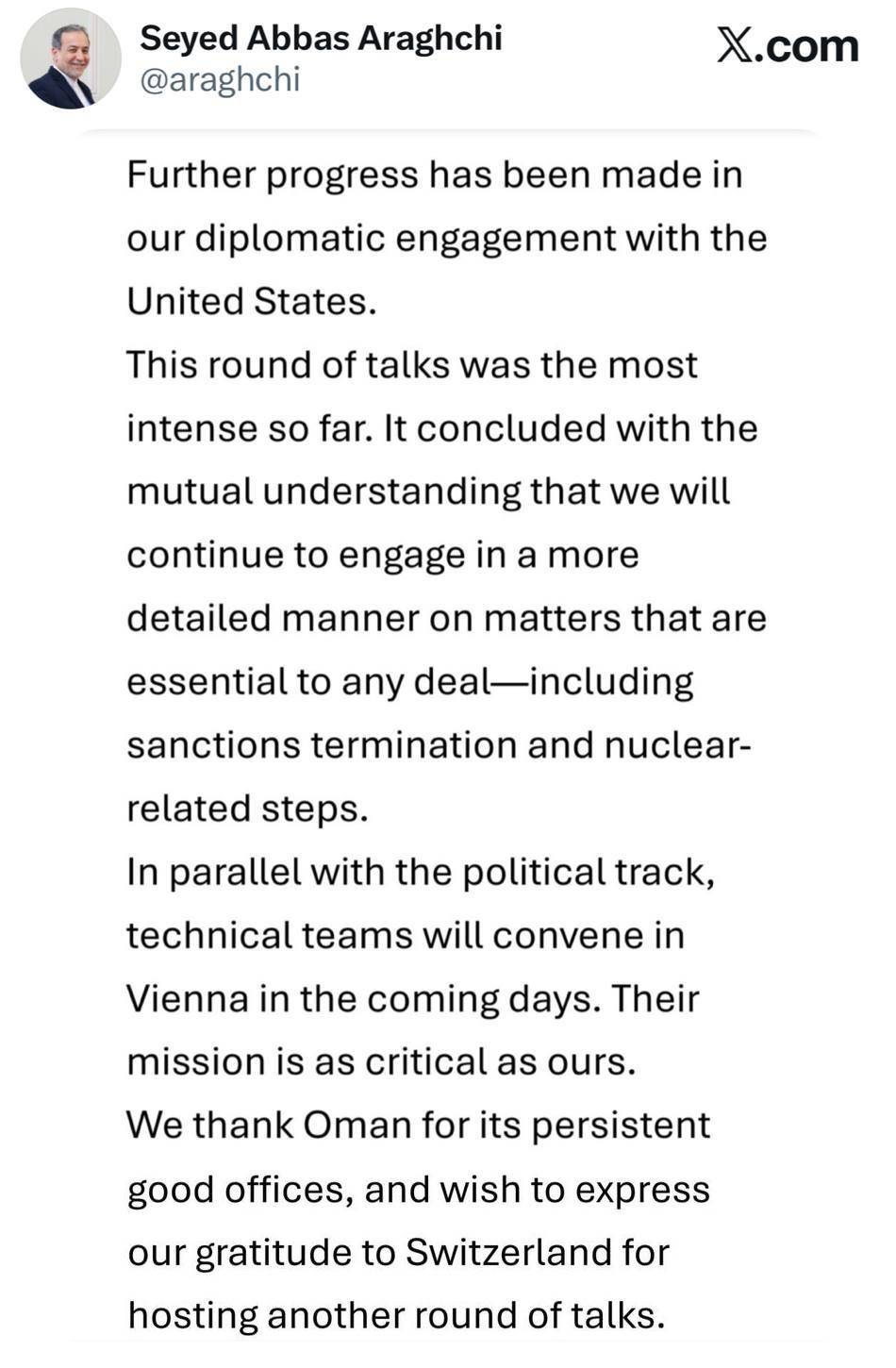 گزارش عراقچی از دور سوم گفت‌و‌گو‌های ایران و آمریکا