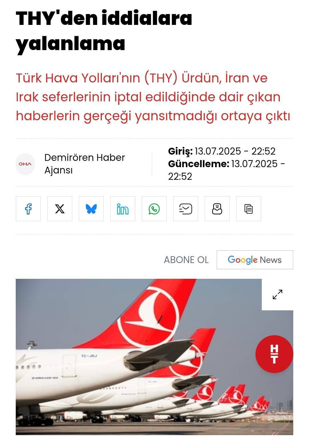 تکذیب لغو پرواز‌های ترکیش ایر به ایران