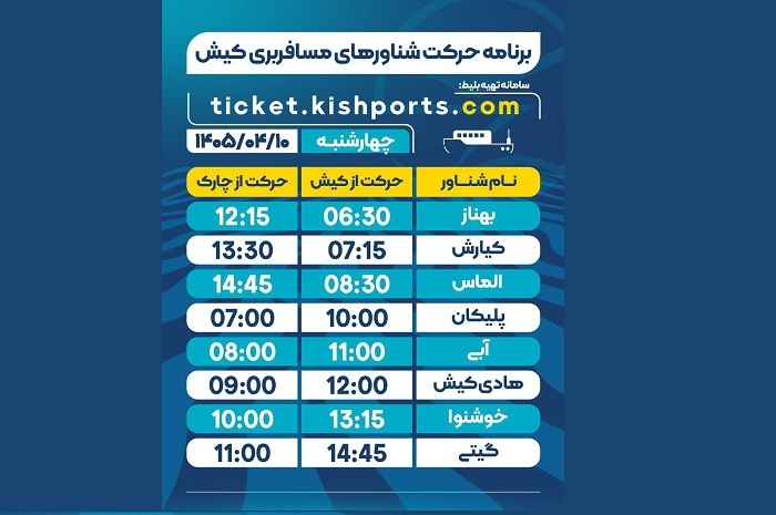 برنامه حرکت شناورهای مسافربری و حمل خودرو کیش، چهارشنبه دهم تیر برنامه حرکت شناورهای مسافربری و حمل خودرو کیش، چهارشنبه دهم تیر