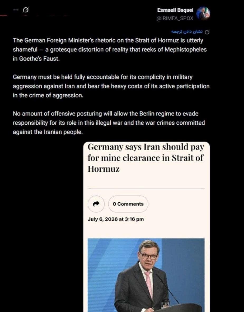 واکنش بقایی لفاظی وزیر خارجه آلمان درباره تنگه هرمز واکنش بقایی لفاظی وزیر خارجه آلمان درباره تنگه هرمز