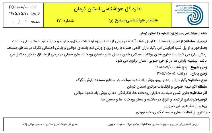 هشدار رگبار باران واحتمال سیلاب در کرمان